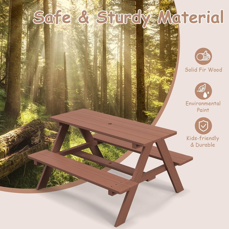 Olakids Kids Picnic Table, Outdoor Toddler Wooden Table and Chair Set with Removable Umbrella, Children Activity Furniture Bench Set for Patio Garden Backyard - Image 4